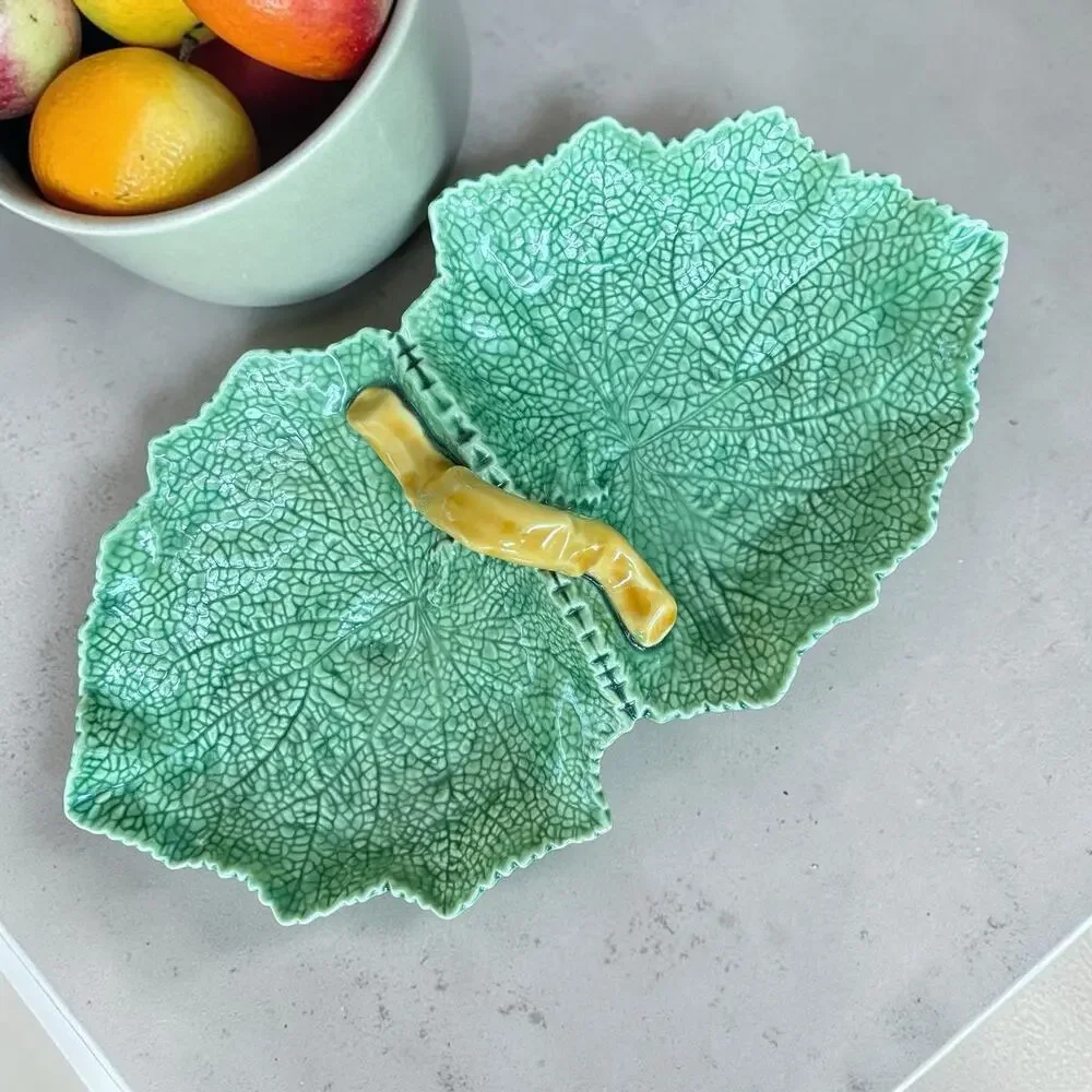 Bordallo Pinheiro Cabbage Leaf Double Dish Portugal Green Majolica Serving Tray